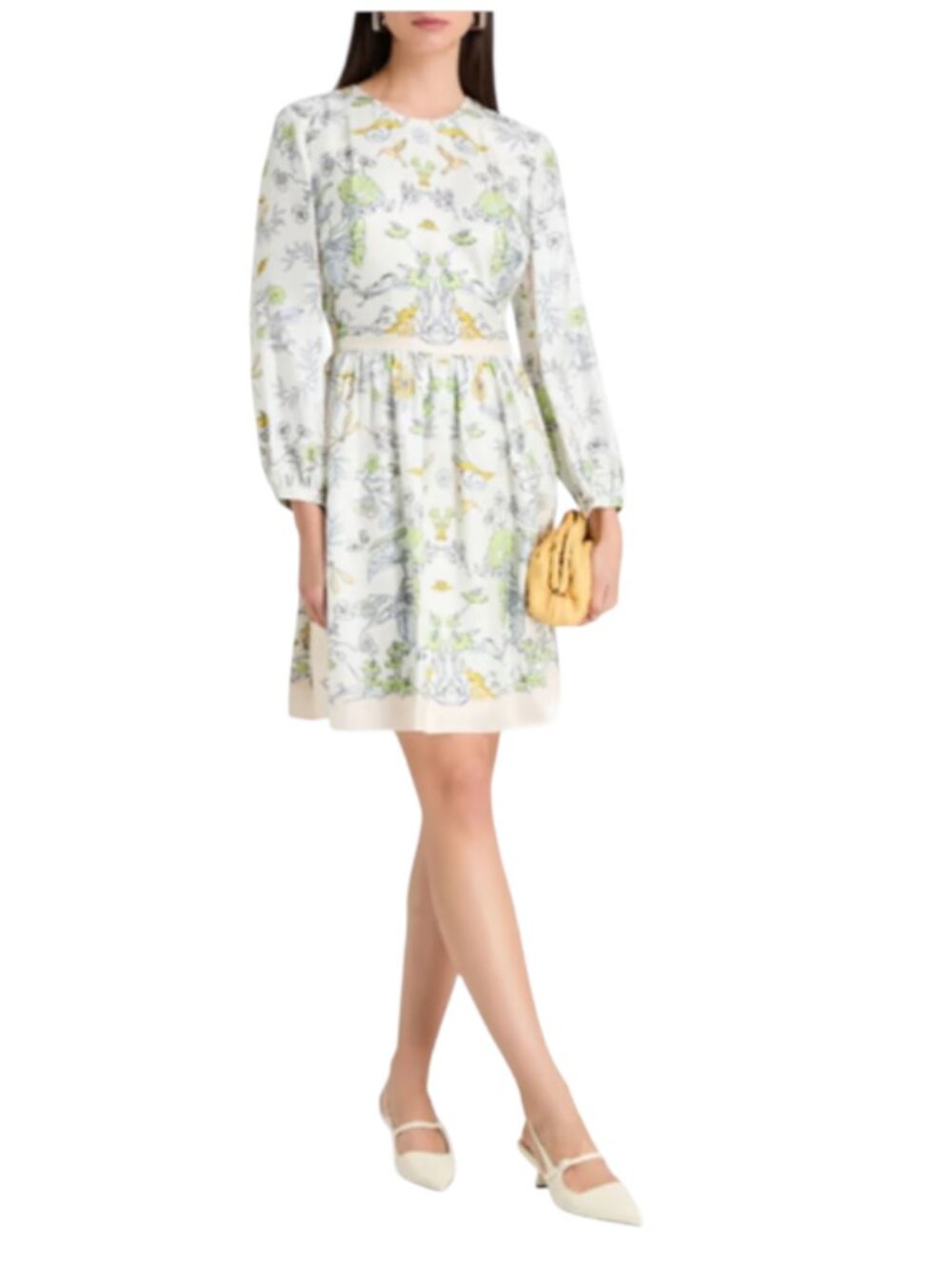 Tory Burch Gathered Floral Dress Womens 14 Cream Blue Green Crew Neck Silk Mini